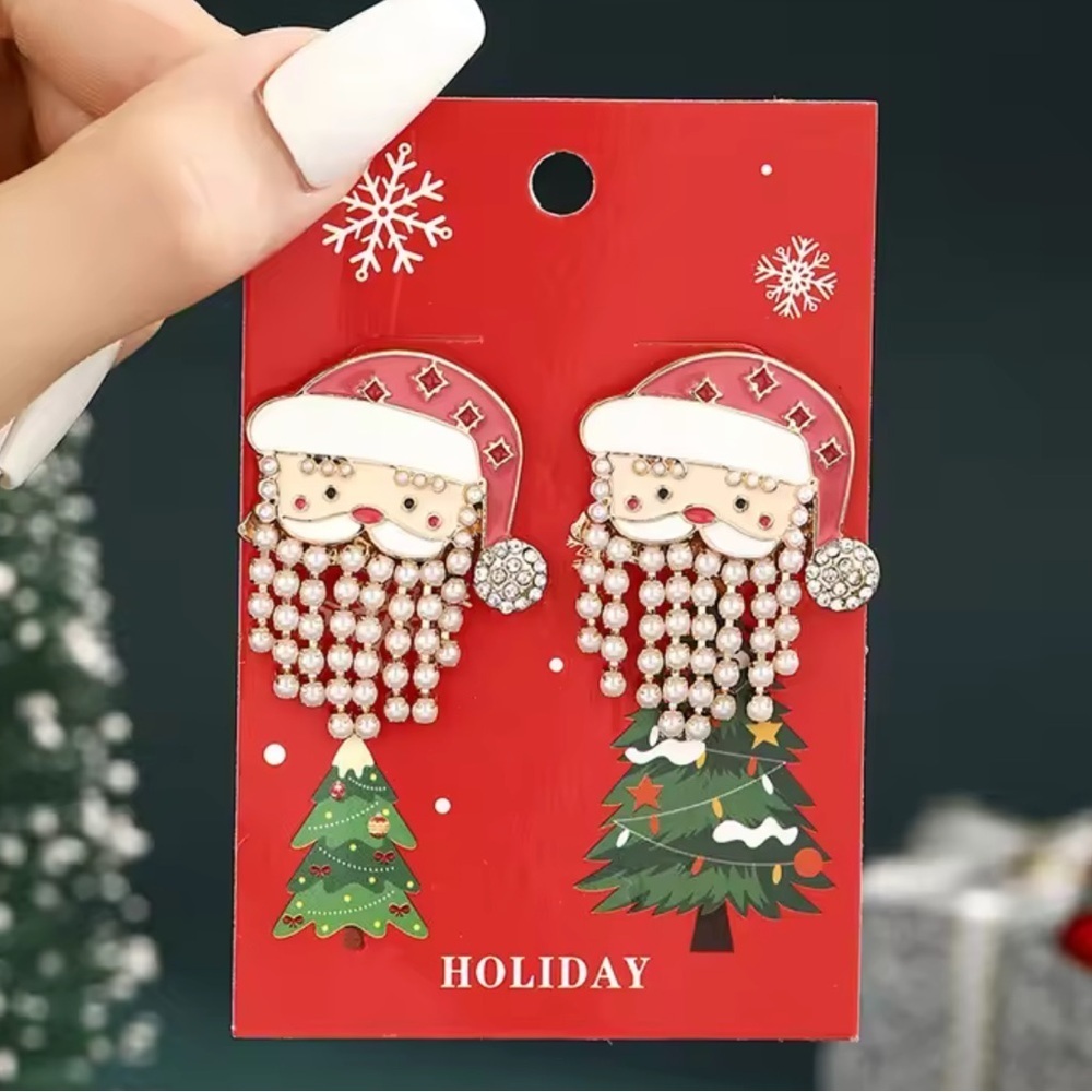 Christmas Santa Claus Pearl Fringe Earrings – Festive Holiday Jewelry - Picture 3 of 5